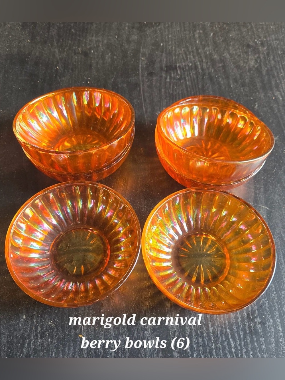 Vtg. Marigold Carnival Glass Berry Bowl Set Iridescent Peach Lustre Glass Set 6 - Picture 5 of 5